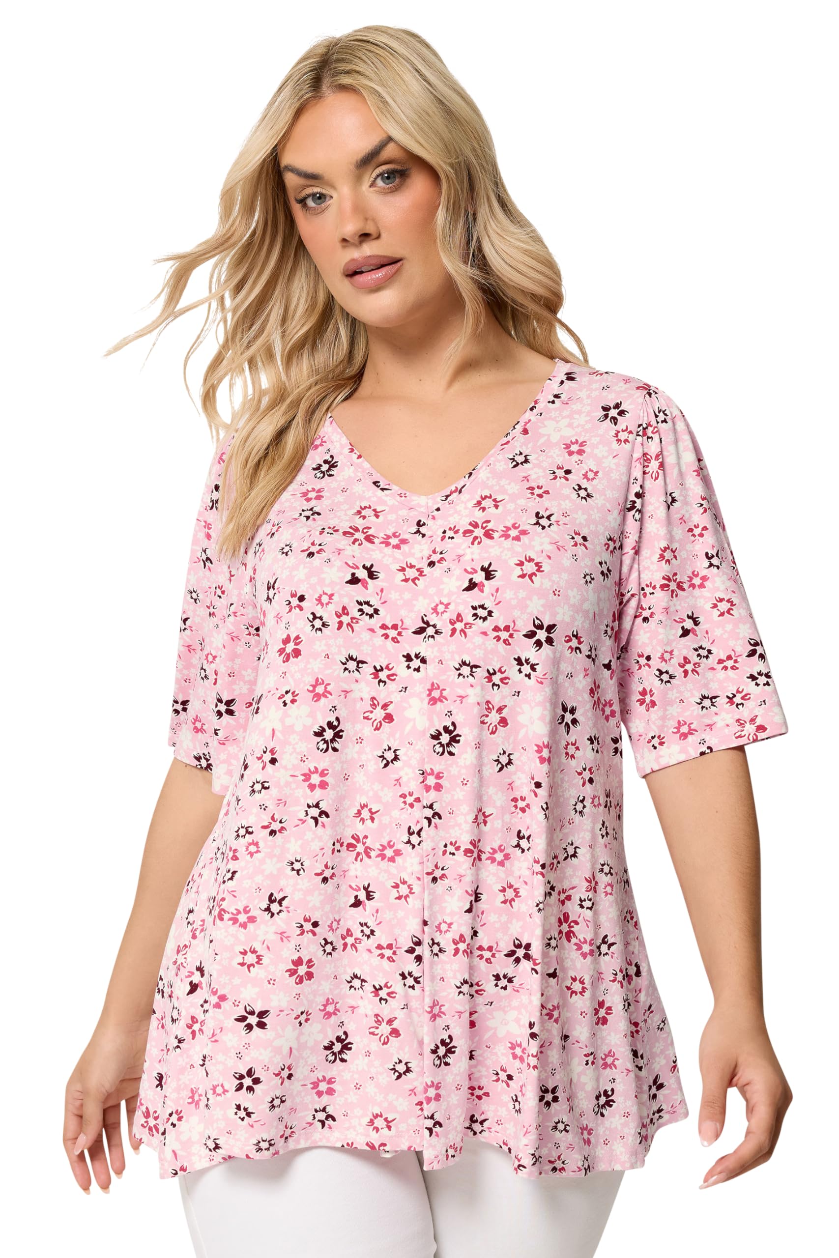 Yours Women's Baby Pink Floral Pleat Angel Sleeve Swing Top In | : Size 16