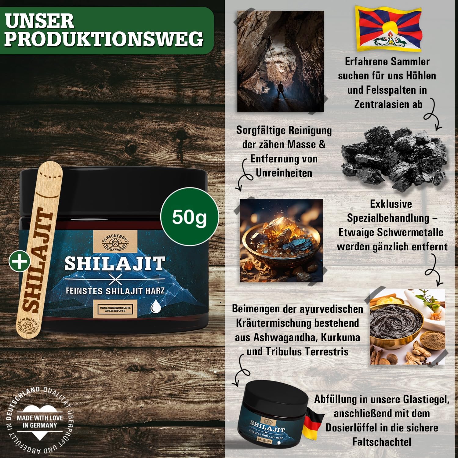 Shilajit Original Resin -WICHTIG: Zertifiziertes Shilajit Harz pur -50g- Herkunft 100% Himalaya aus Handernte +Dosierlöffel -Abfüllung in Deutschland- Laborgeprüft SCHEUNENGUT®