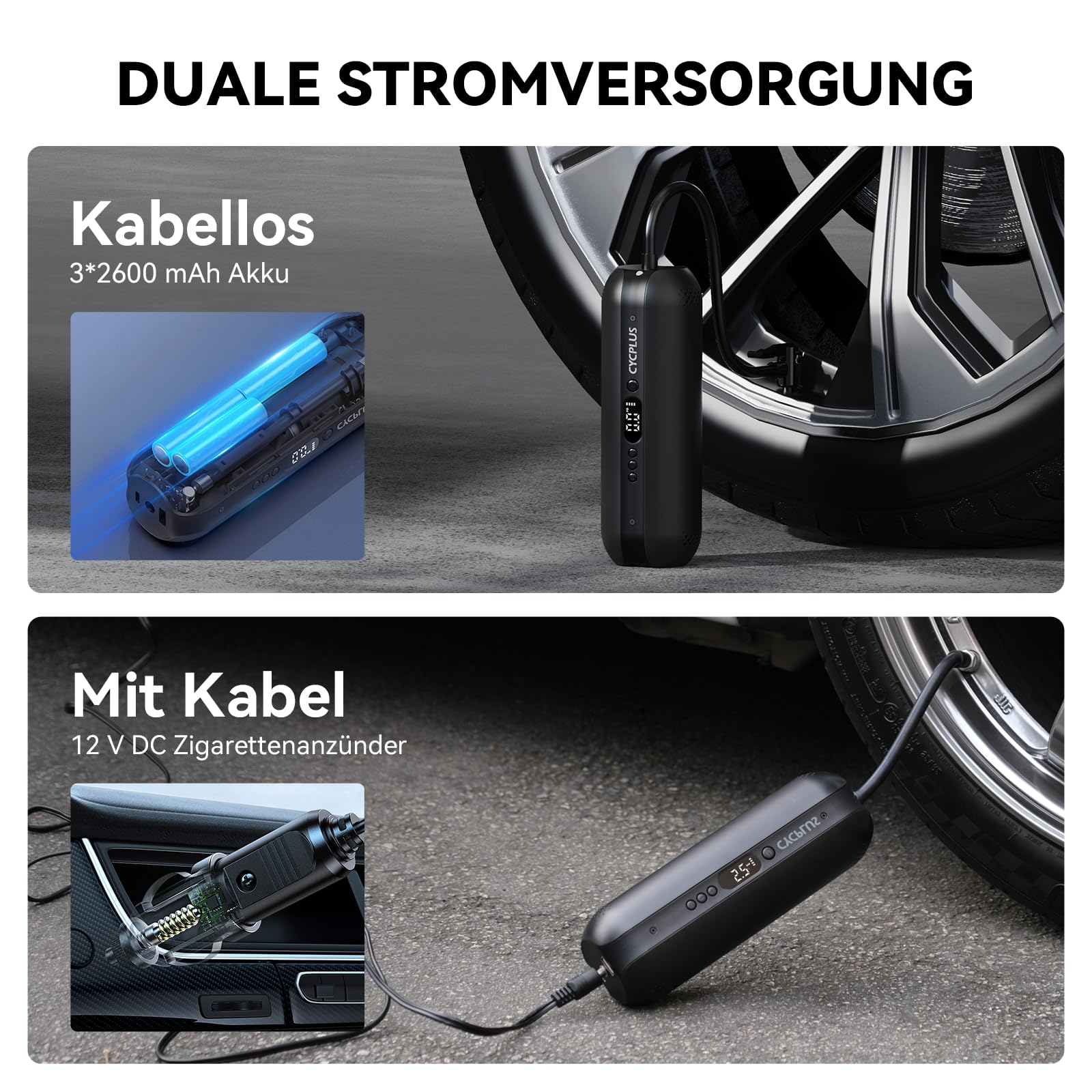 CYCPLUS Luftpumpe, 12V DC/AC 2-in-1, Max 150PSI Automatische Abschaltung Elektrischer Kompressor Tragbar Fahrradpumpe