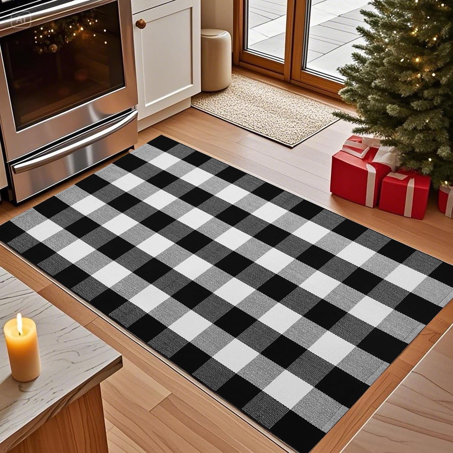 Buffalo Plaid Check Outdoor Rug 3' x 5' Black and White Checkered Rug,Retro Cotton Hand-Woven Washable Indoor/Outdoor Decor Area Rugs for Welcome Door Mat/Front Porch/Entryway/Kitchen