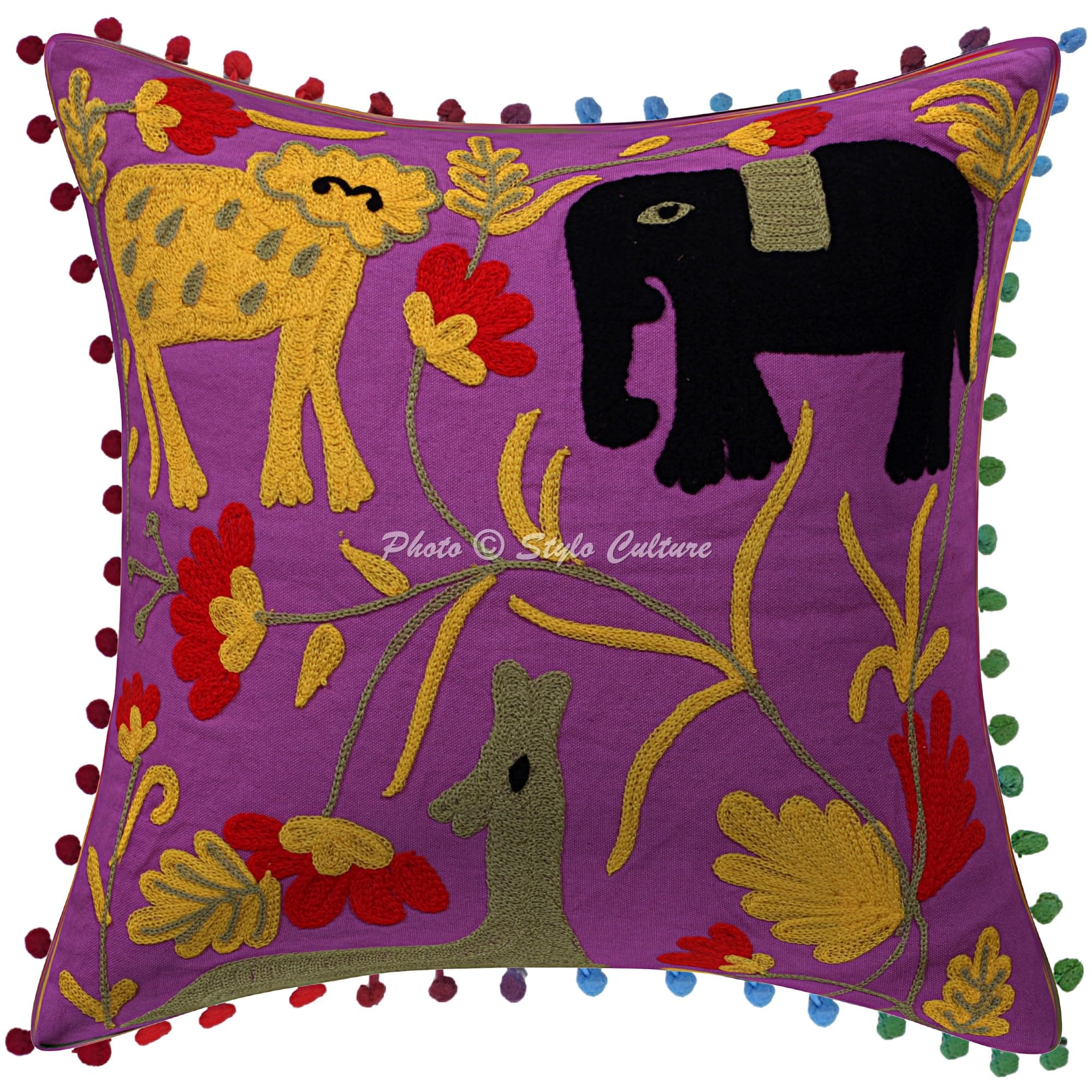 Bohemien Dekorativ Baumwolle Couch Kissenbezüge 40x40 cm Lila Dekokissen Suzani Bestickte Pom-Pom-Spitze Schlafzimmer Sofa Kissen Bezüge Blumen Quadrat Kissenhullen - 4 STK.