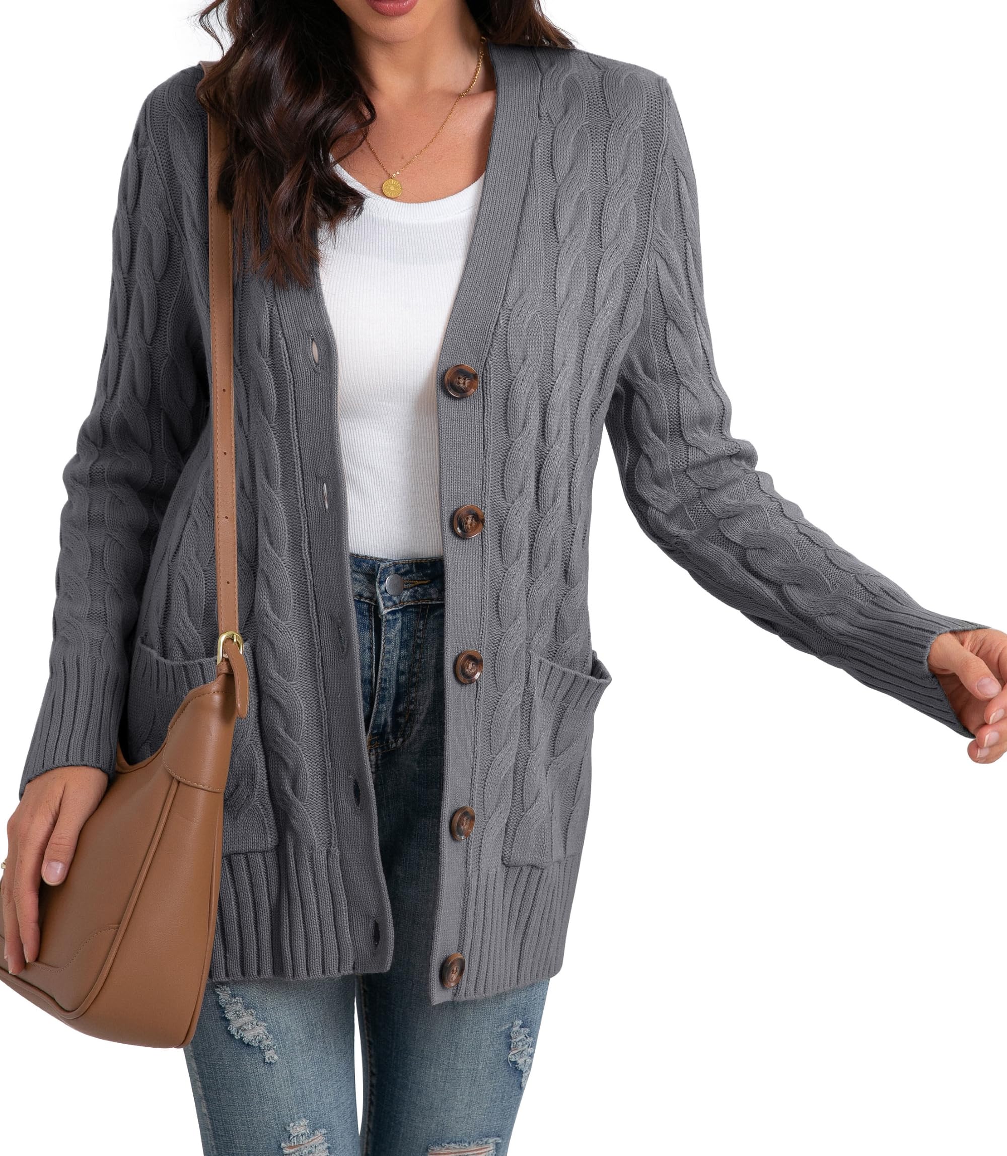 GRECERELLE Damen Strickjacke Strick Cardigan Lange Elegant Strickjacken mit Taschen mit Knöpfen Strickwaren Übergroße Pullover Strickmantel für Herbst Winter Frühling