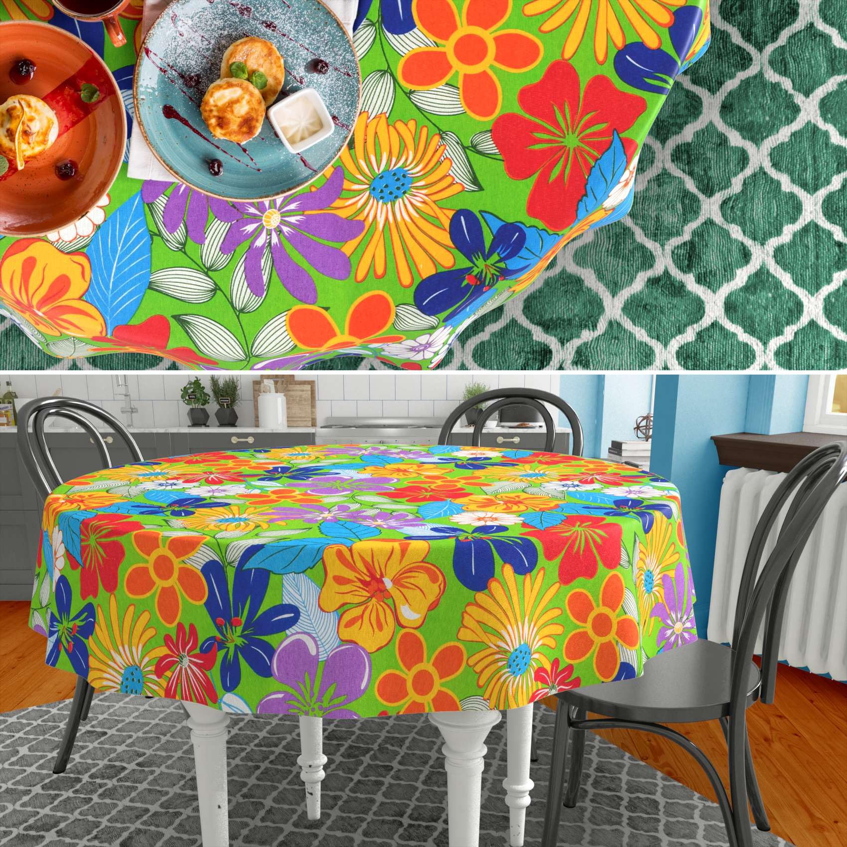 Nappe En Coton Enduit PVC Mat Fleuri Fond Blanc - Tissus Et Nappes Westeel