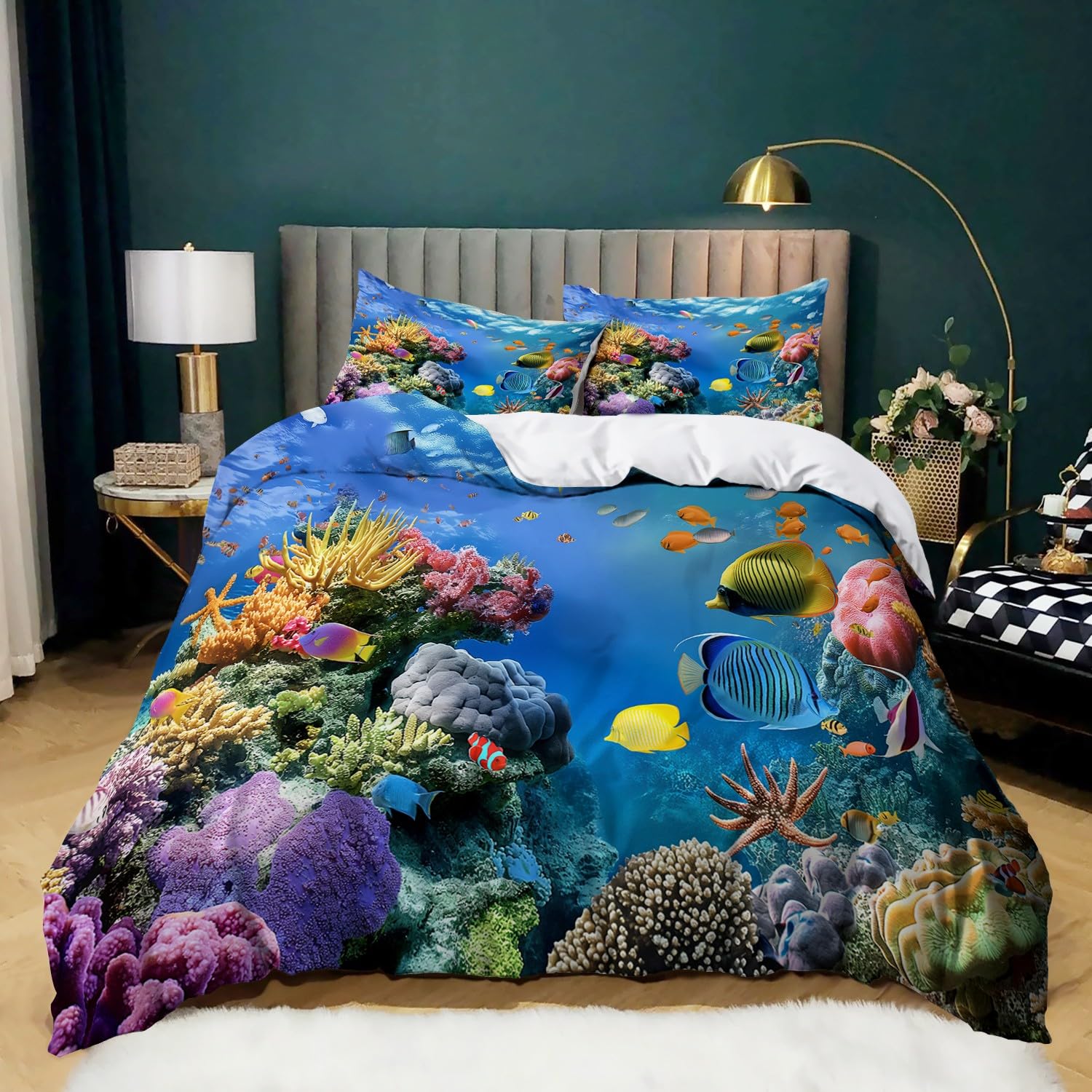 Azul Funda Nordica Cama 90 de 3 Piezas Peces coralinos submarinos Juego de Funda Nordica 150x200 cm Suave Transpirable y 2 x Fundas de Almohada de 50x75 para Ropa de Cama Infantil Niño Chico Niña