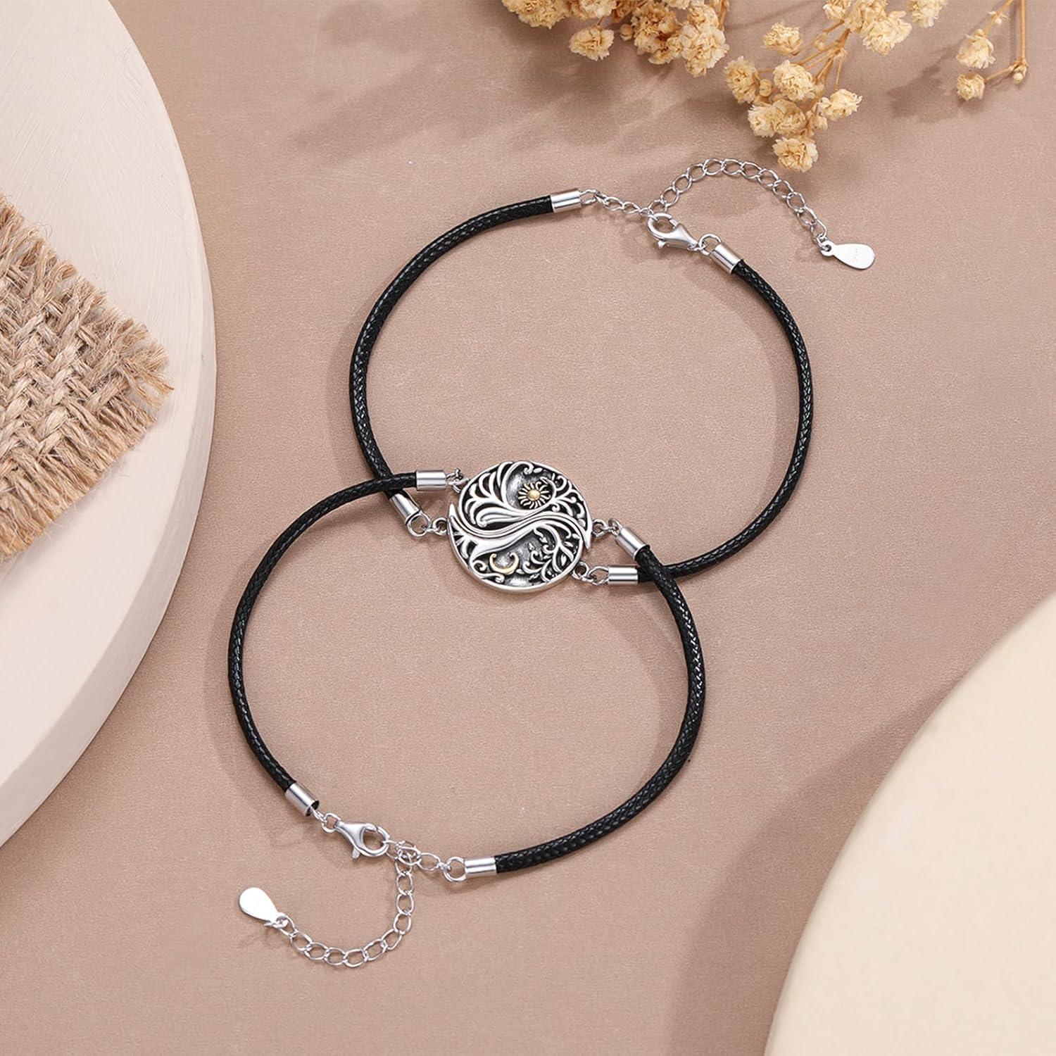 Yin Yang Bracelet 925 Sterling Silver Couple Friendship Bracelets Tree of Life/Sun Moon/Mountain/Lotus Abalone Jewelry for Women Men Couples, Leather Cord 7+2 in - Image 4