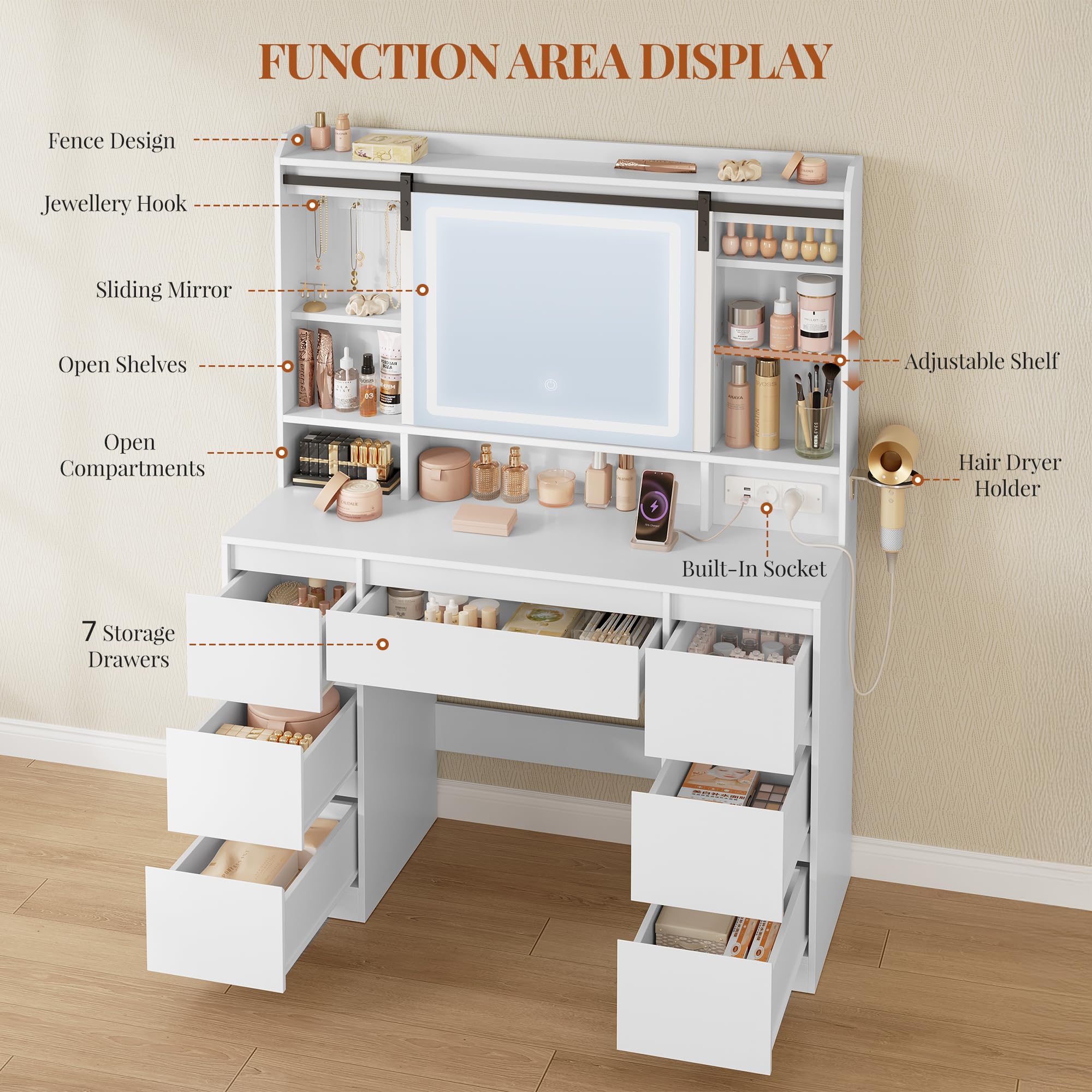HEXCELEN 108cm Toeletta da Trucco con Specchio Scorrevole, Bianco