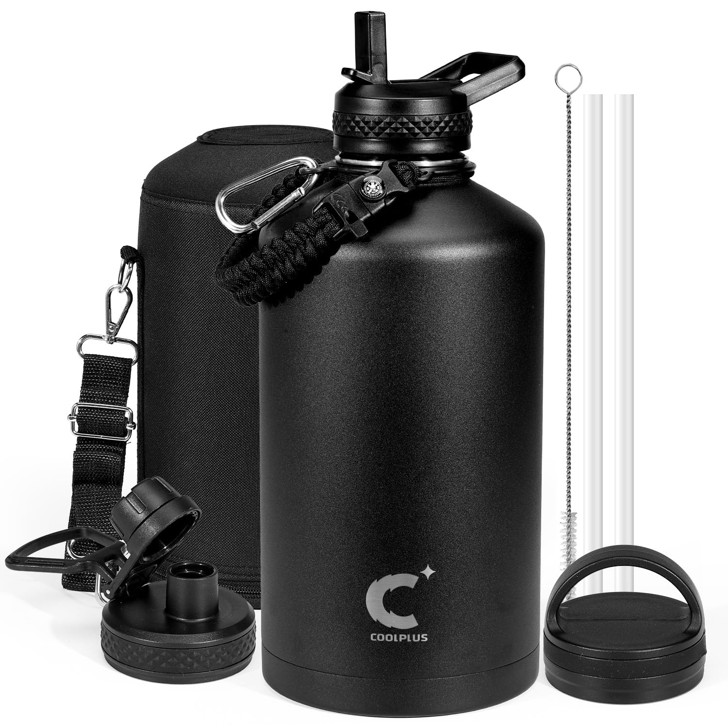 Coolplus Gallon Water Bottle Insulated with Paracord Handle & 3 Lids, 128 oz Insulated Water Jug Large Metal Stainless Steel Leakproof Falsk Cold 48H Hot 24H for Outdoor