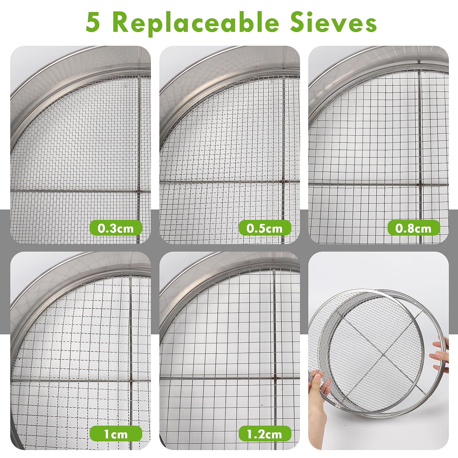 Tamis de Sol pour Le Jardinage, Tamis de Sol en Acier Inoxydable de 12 Pouces avec 5 écrans Fins Remplaçables, Gants et Pelle, Tamis pour Sable, 3mm, 5mm, 8mm, 10mm, 12mm (Argent)
