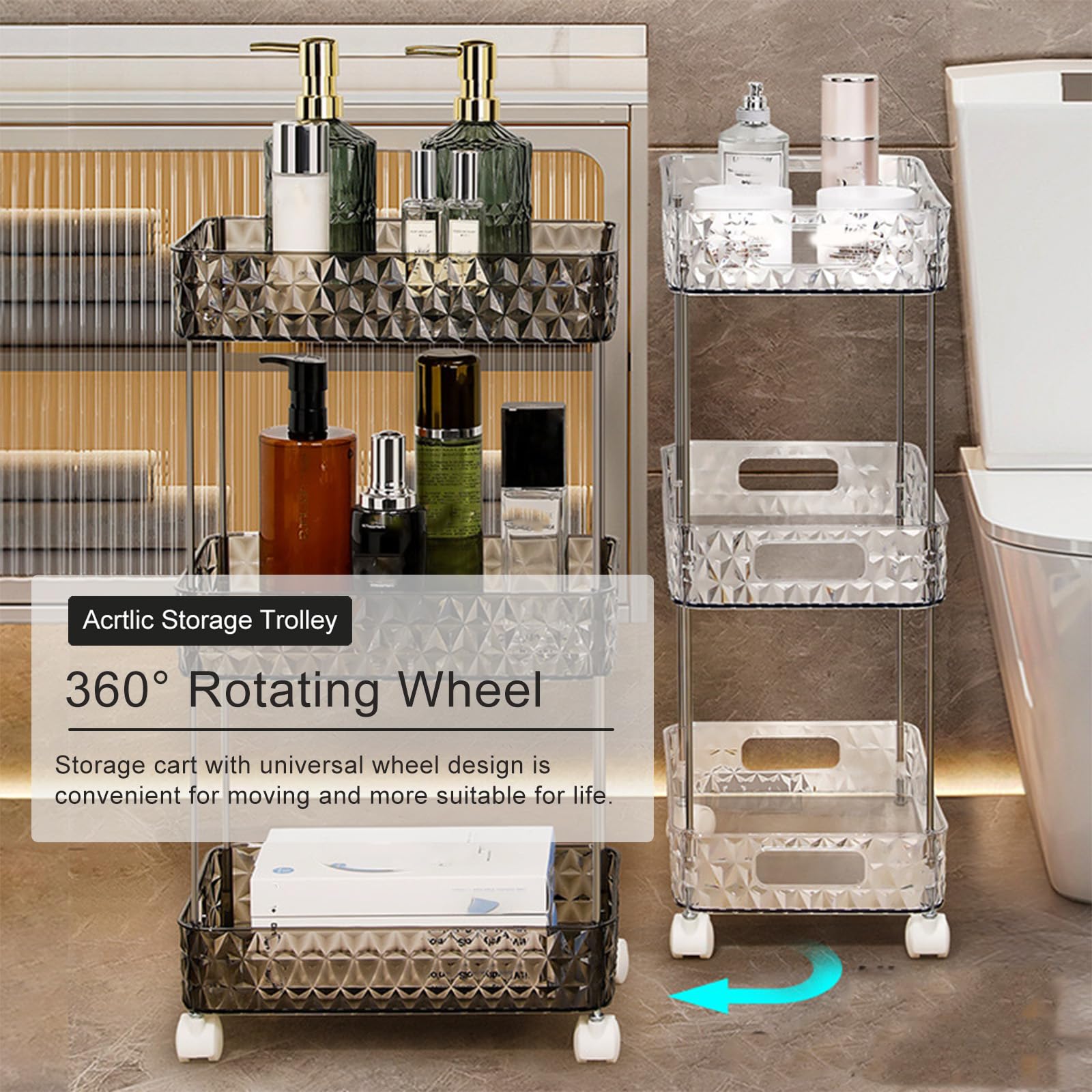 Carrello portautensili in acrilico – Carrello portaoggetti a 3 ripiani con ruote per cucina e bagno – Versatile scaffale mobile per un facile accesso e soluzioni salvaspazio