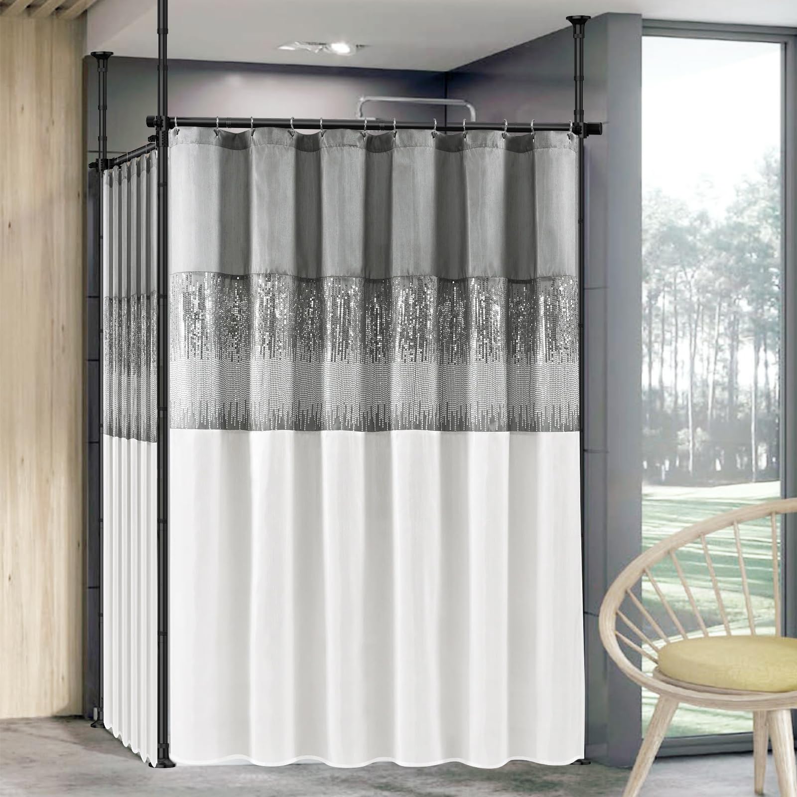 HOSKO Double Curtain Divider Stand - 48 to 144 inches Expandable Curtain Rod Room Dividerï¼Œ Damage Free Freestanding Vertical Tension Stand, Black