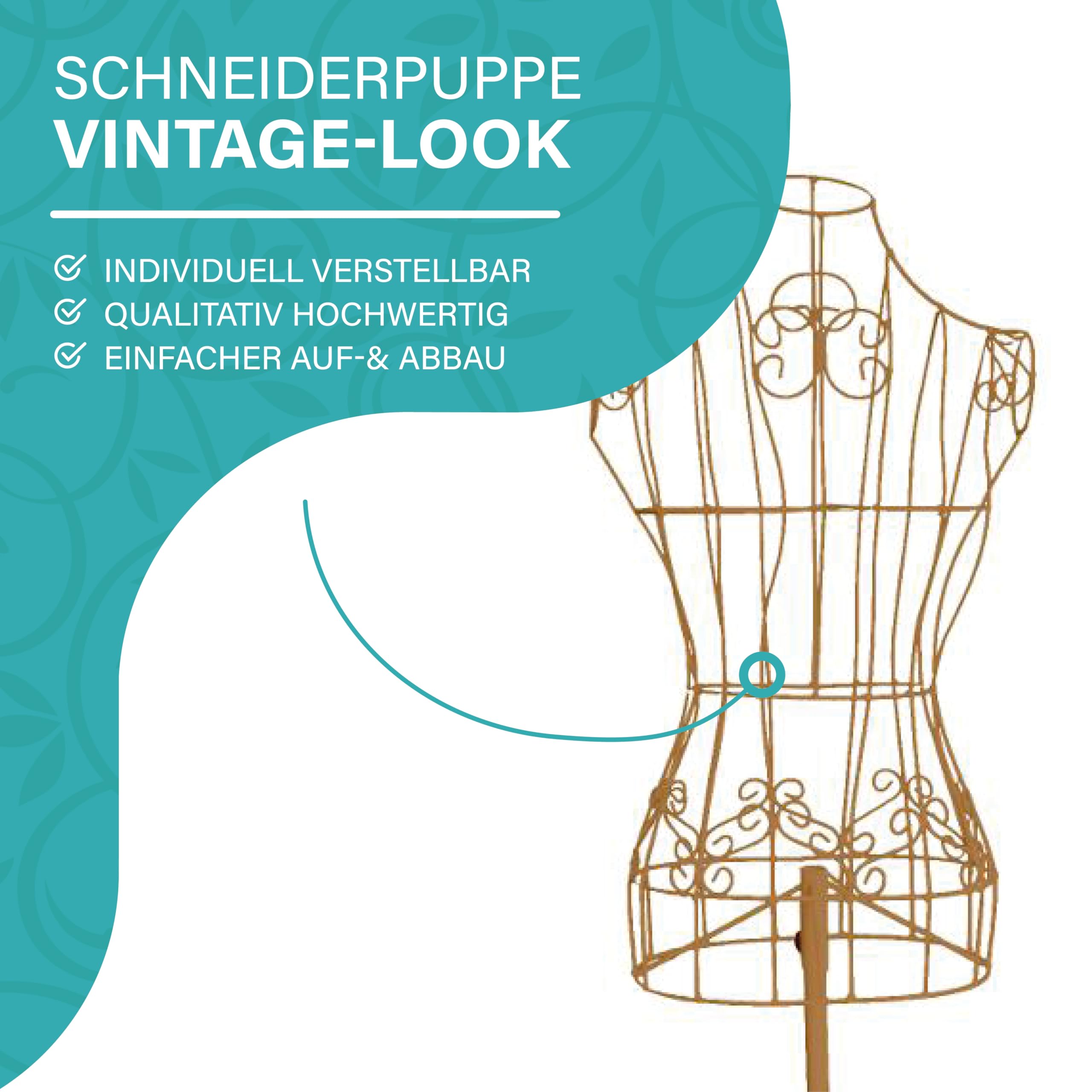 PrimoLiving Metall Schneiderpuppe Ana in Gold - höhenverstellbare Vintage Kleiderpuppe - ideal als weibliche Schaufensterpuppe oder Kleiderständer - P-12895