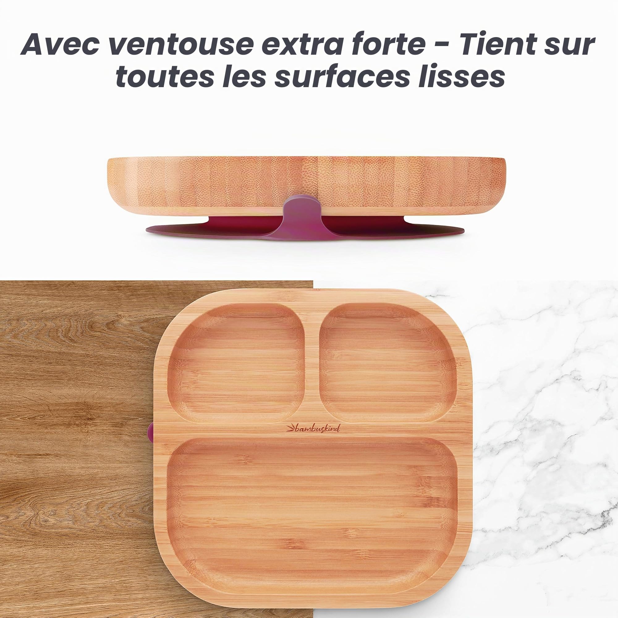 Assiette enfant avec ventouse cerise I Livre de recettes (français non garanti) I Assiette bébé antidérapante en bambou avec cuillère I Set de vaisselle pour apprendre à manger I Sans