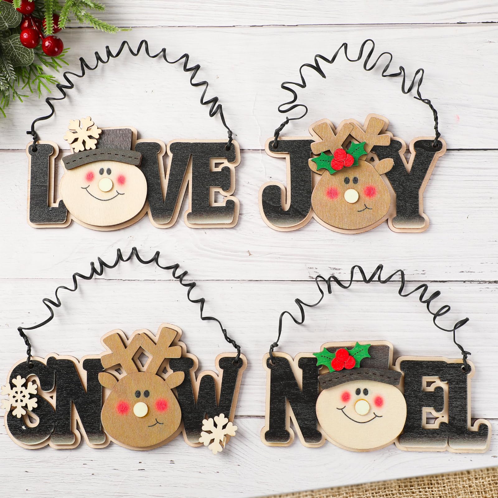 Panneaux de Noël en bois suspendre : lot déco rustique maison Love Snow Joy