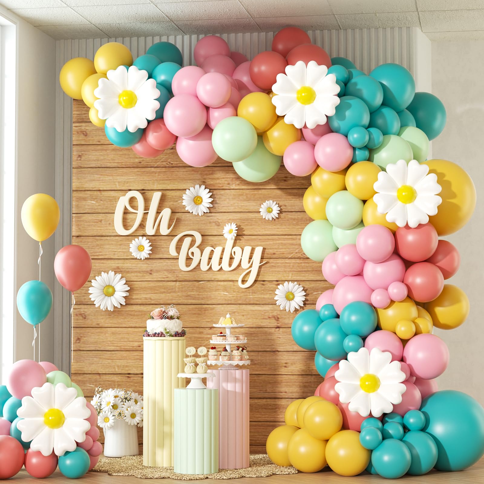 Balloon Arch Garland Kit with Teal Yellow Green Pink Balloons