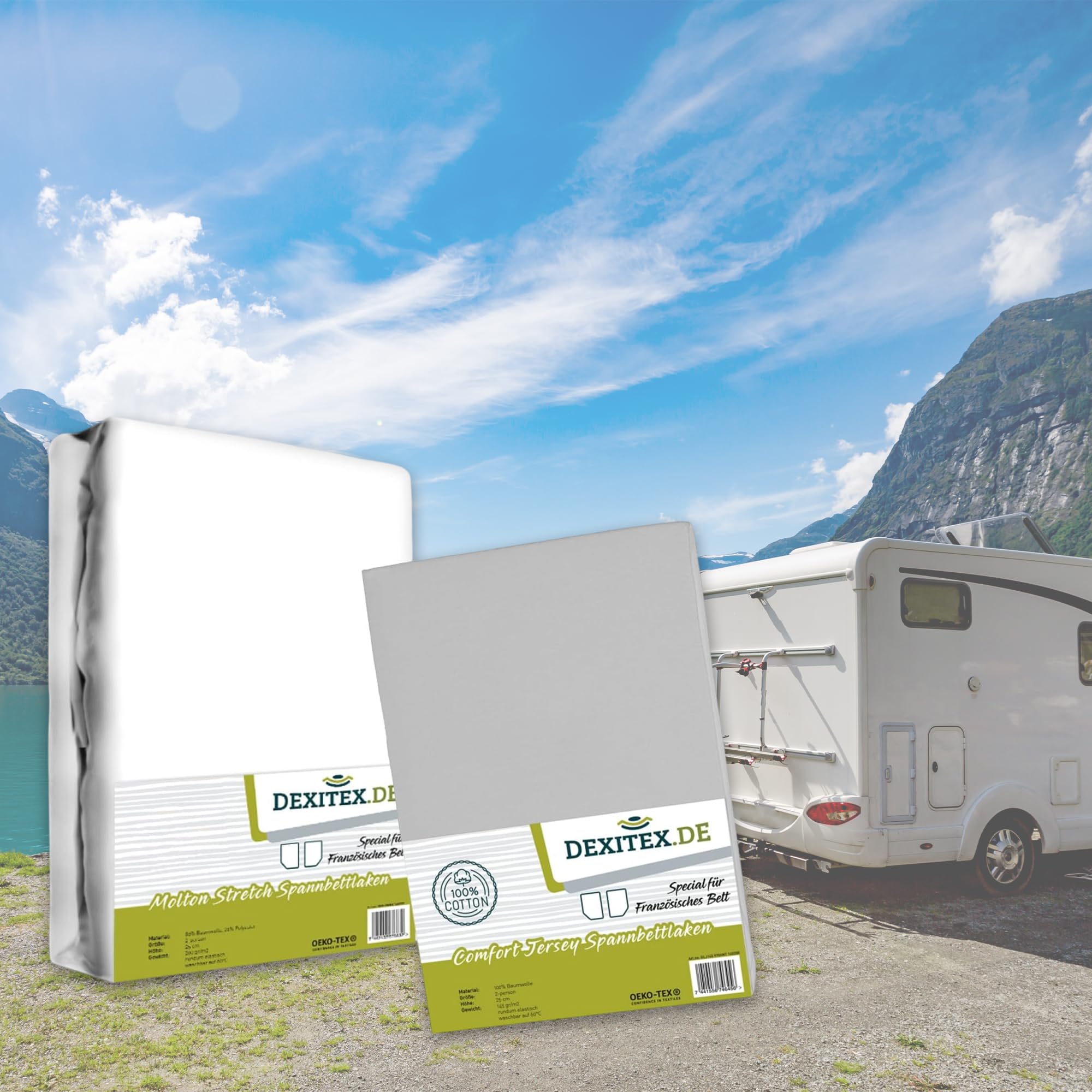 Spannbettlaken Wohnmobil 2er Set - 1 Spannbettlaken Grau + 1 Molton matratzenschoner mit Ecke rechts(125-155cm x 200cm)- Französische Betten - für Wohnwagen Matratze - Oeko-TEX