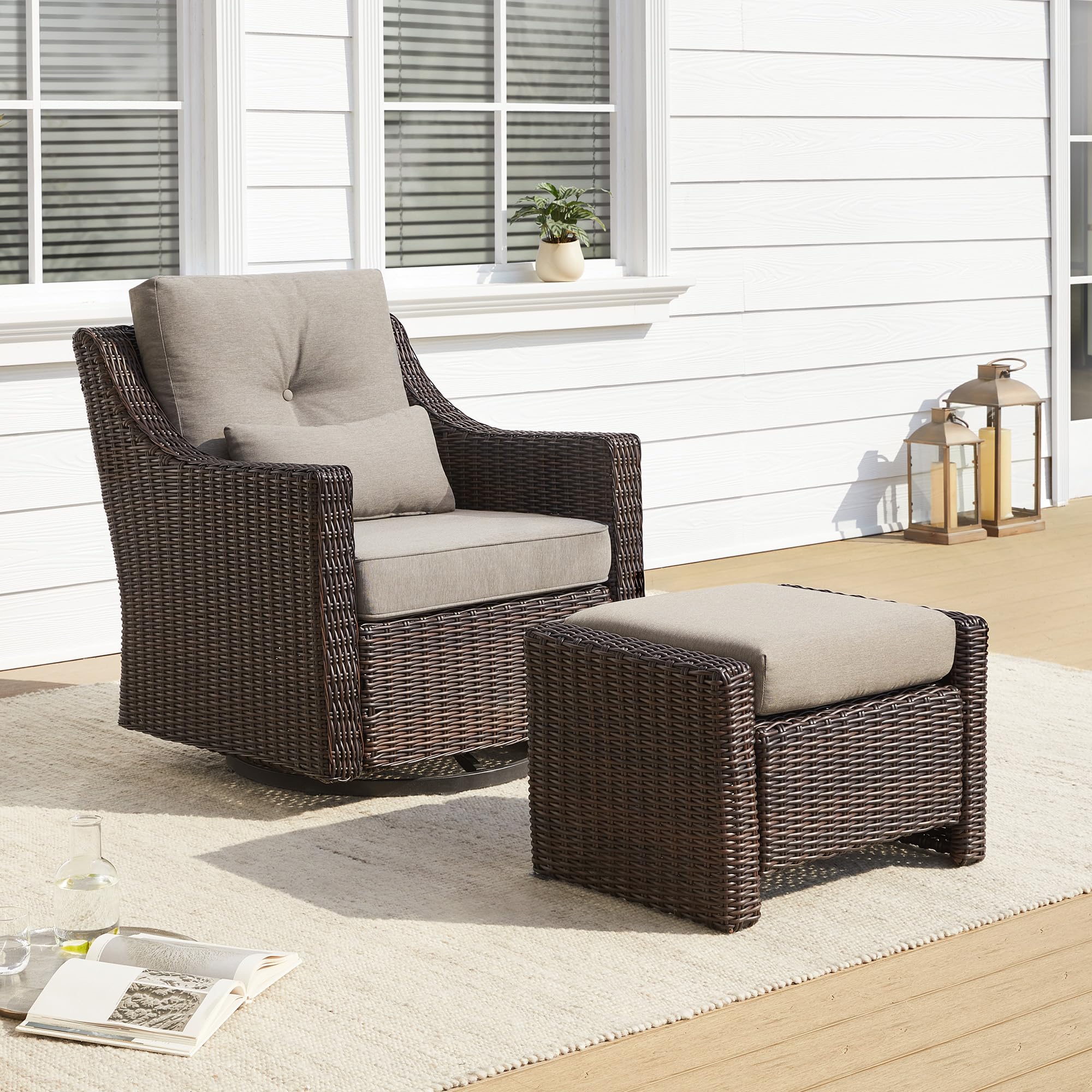 CHITA 2 Pieces Patio Wicker Furniture Set, Outdoor Rattan Bistro Set with Rocking Swivel Chair, Thickened Cushions and Ottoman