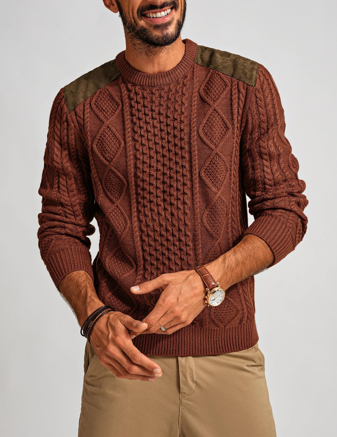 PJ PAUL JONES Mens Sweater Military Cable Knit Crewneck Vintage Long Sleeve Pulllover Sweaters with Suede Patchwork - Image 4