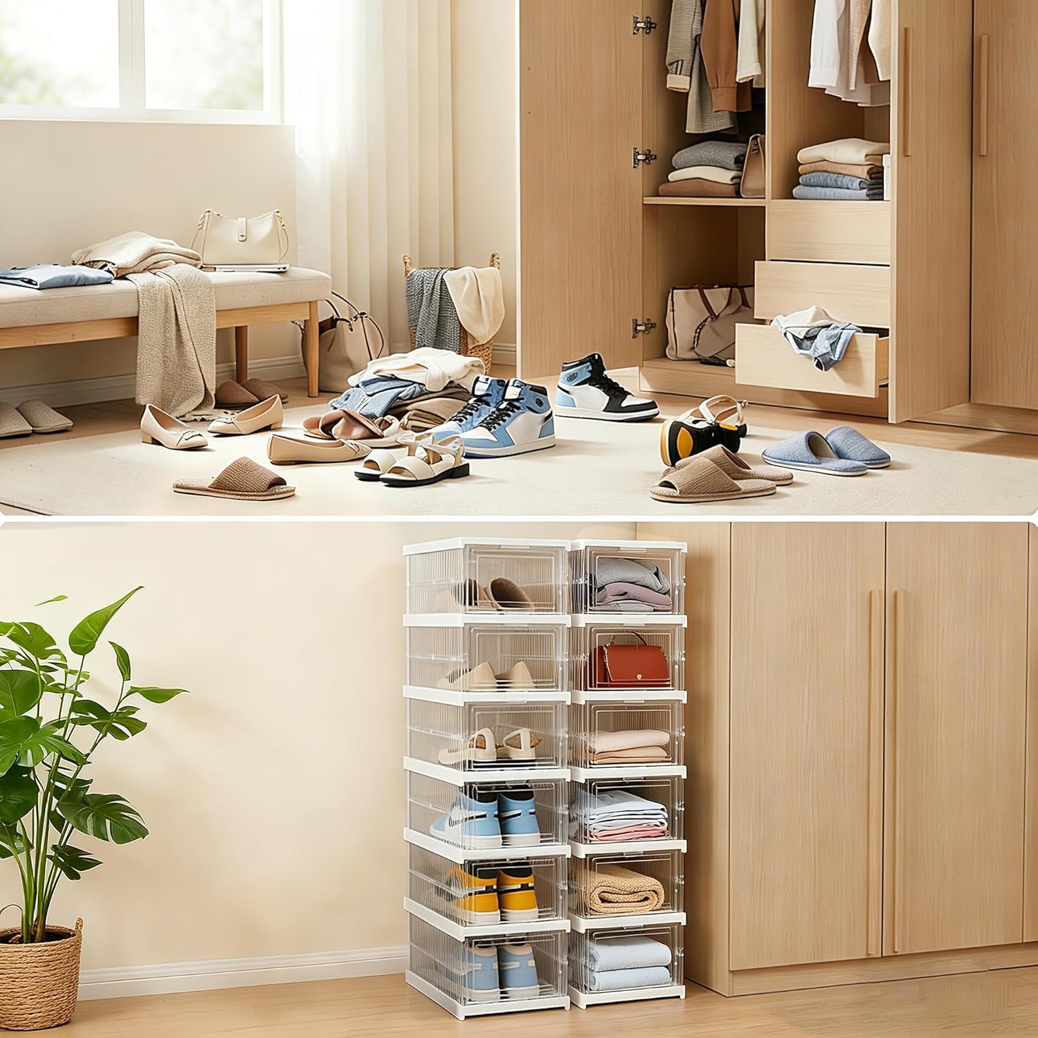 Upgrade Clear Foldable Shoe Storage Organizer, No Assembly 6 Tiers Shoe Box with Fully Clear Door, Plastic Stackable Shoe Rack for Sneakers, Sturdy Shoe Storage Containers Bins