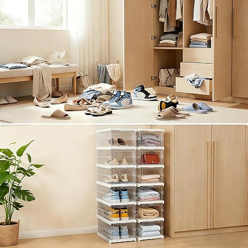 Miniatura 5 de Organizador de almacenamiento de zapatos plegable transparente, sin montaje, caja de zapatos de 6 niveles con puerta totalmente transparente