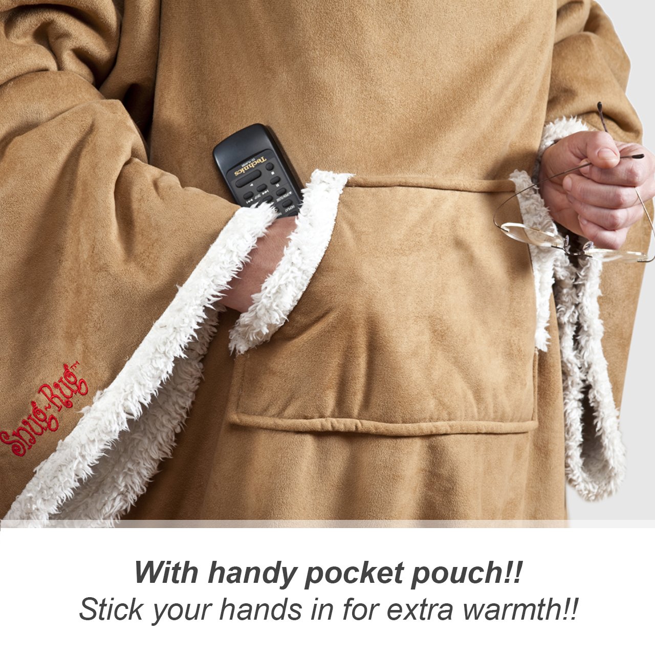 Snug Rug Sherpa miękki koc ze sztucznego zamszu z rękawami, oryginalne koce z rękawami, super miękki, luksusowy, 270 g/m², miękki materiał, ponadwymiarowe, kieszeń dla dorosłych, rozmiar brązowy