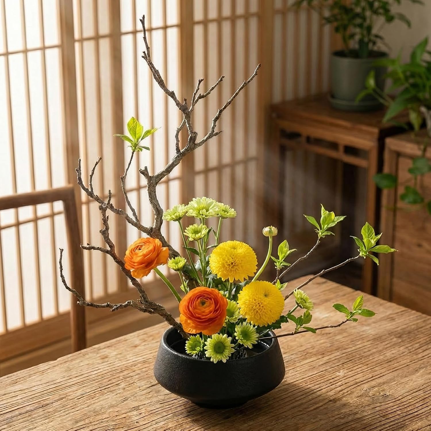 Gresorth Japanese Ikebana Vase Kit with 1.57 Inch Flower Frog Pin Frog Floral Arrangement Container for Birthday Office Restaurant - 5.12 Inch Black Ceramic Round Plant Pot