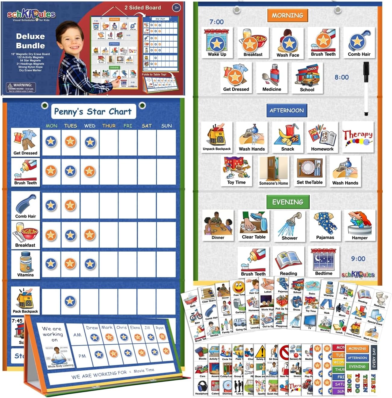 SchKIDules Deluxe Magnetic Visual Schedule & Reward Chart w/189 Colorful Magnets & Reversible 18” Folding Board for Daily Routines, Chores, Behavioral Supports, Kids Calendar, ADHD & Autism Icons