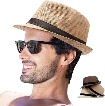 LADYBRO 7 1/4 Straw Fedora Hats for Men Summer Short Brim Trilby for Travel Pack of 3, M/L