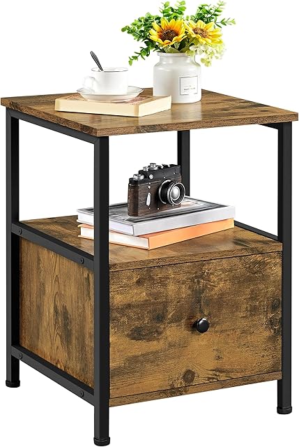 Yaheetech Bedside Tables, Sofa Side Table with 1 Drawer Storage, Nightstand Cabinet with Metal Frame, Coffee Tea Table for Living Room/Bedroom Room/Small Space, 45x45x61cm, Rustic Brown