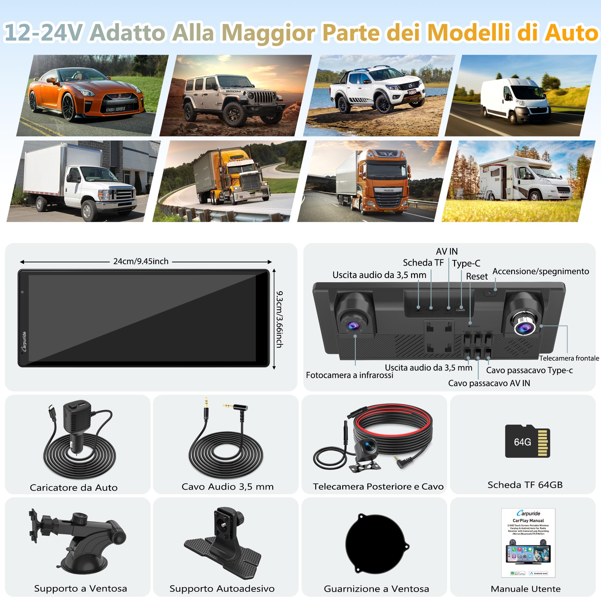 CARPURIDE W903S Schermo con CarPlay & Android Auto e Dash Cam 3 Canali | IPS HD 9,3", Telecam Frontale 4K, Posteriore 1080P, Infrarossi 1080P, Registrazione Loop, GPS, Bluetooth, Siri, Mirror Link