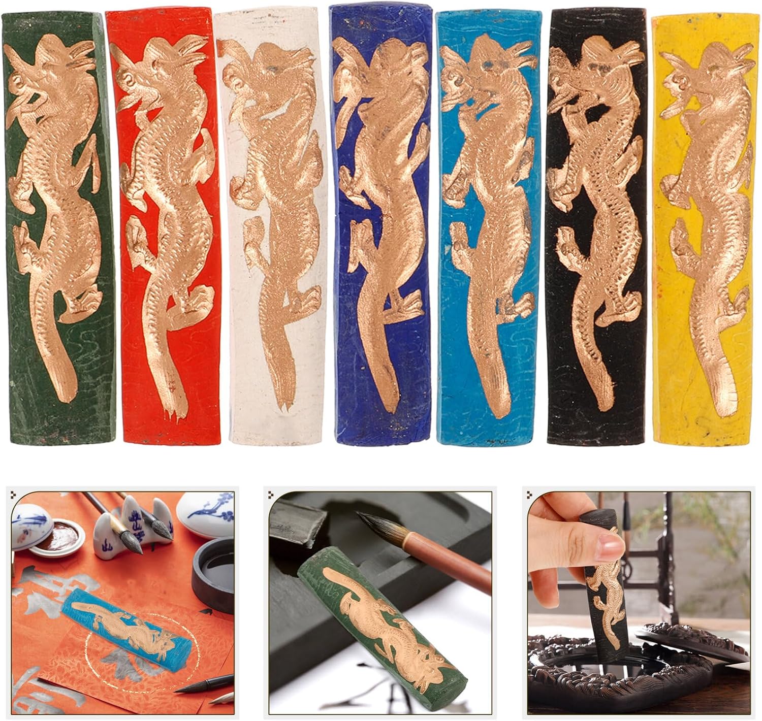 EXCEART 7pcs Ink Stick Chinese Ink Block Calligraphy Paintings Ink Sticks Dragon Pattern for Chinese Calligraphy Writing Japanese Sumi Practice Set Traditional Chinese Ink Stick Set