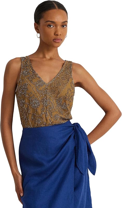 Lauren Ralph Lauren Women's Beaded Mesh Sleeveless Blouse