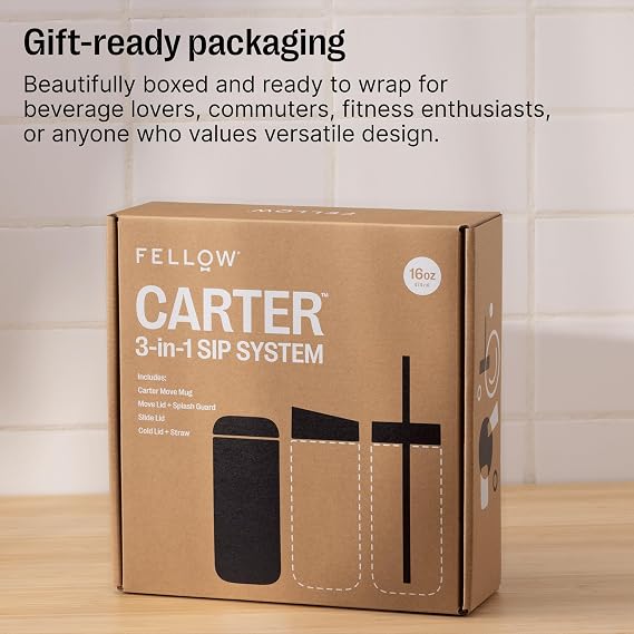 Fellow 16 oz Carter Bundle (3 in 1) Travel Mug with Slide-Lock, Move & Cold Lids with Straw - To-Go Coffee Tumbler, Ceramic Interior & Vacuum-Insulated Stainless Steel - Coffee Cups-Hazy Blue