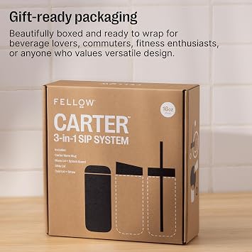 Fellow 16 oz Carter Bundle (3 in 1) Travel Mug with Slide-Lock, Move & Cold Lids with Straw - To-Go Coffee Tumbler, Ceramic Interior & Vacuum-Insulated Stainless Steel - Coffee Cups-Hazy Blue