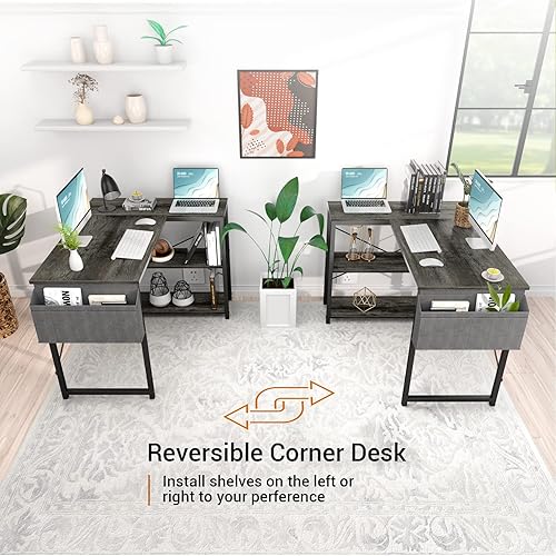 Miniatura 6 de Homieasy Escritorio pequeño en forma de L, escritorio esquinero en forma de L de 39 pulgadas con estantes de almacenamiento reversibles para