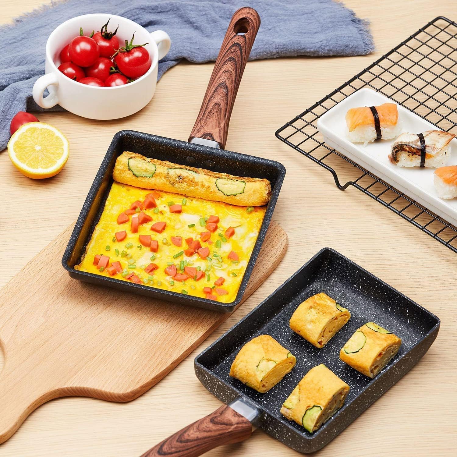 Omelet Pan,Pan Nonstick Pancake Pan,Egg Frying Pan,Japanese Omelette Pan Nonstick Egg Omelette Pan Square Frying Pan-Wood Grain Aluminum Bottom (Size : 13 * 18cm)