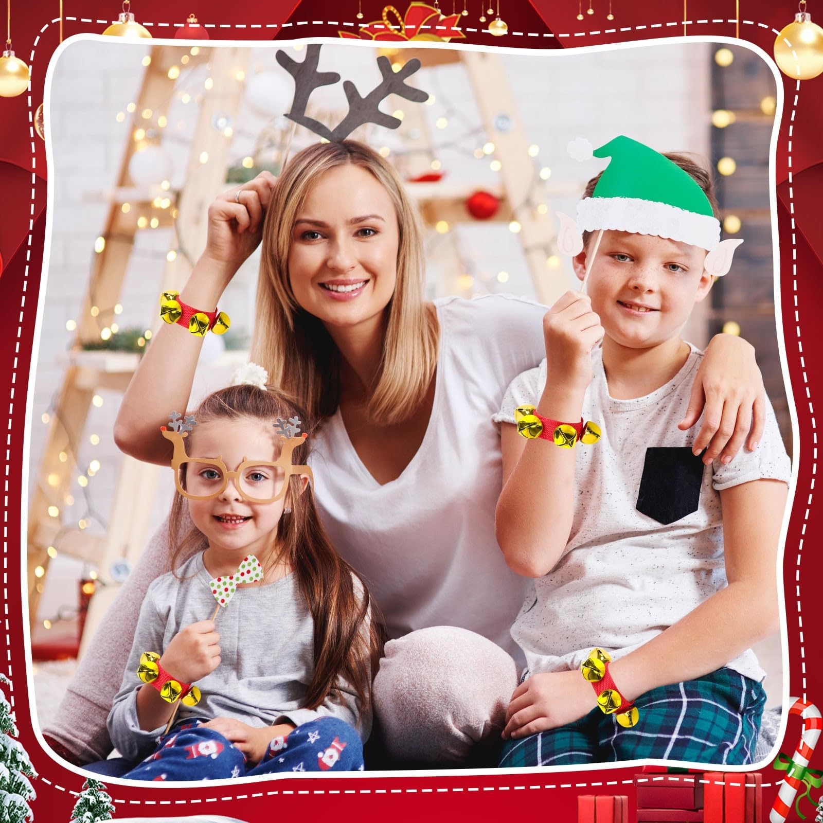 Augshy 2 Packs Wrist Bells, Wrist Bells Bracelets Jingle Bells Adjustable Hand Ankle Bells Musical Instruments for Christmas Party Favors,: Red Gold