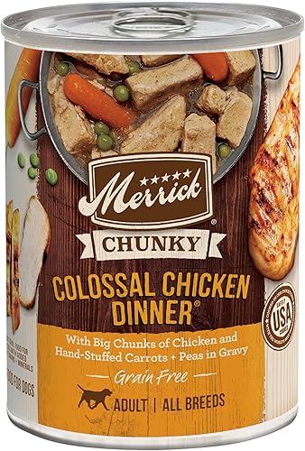 Merrick Chunky Colossal Chicken Dinner - Comida húmeda sin cereales para perros, comida enlatada para perros, (12) latas de 12.7 onzas