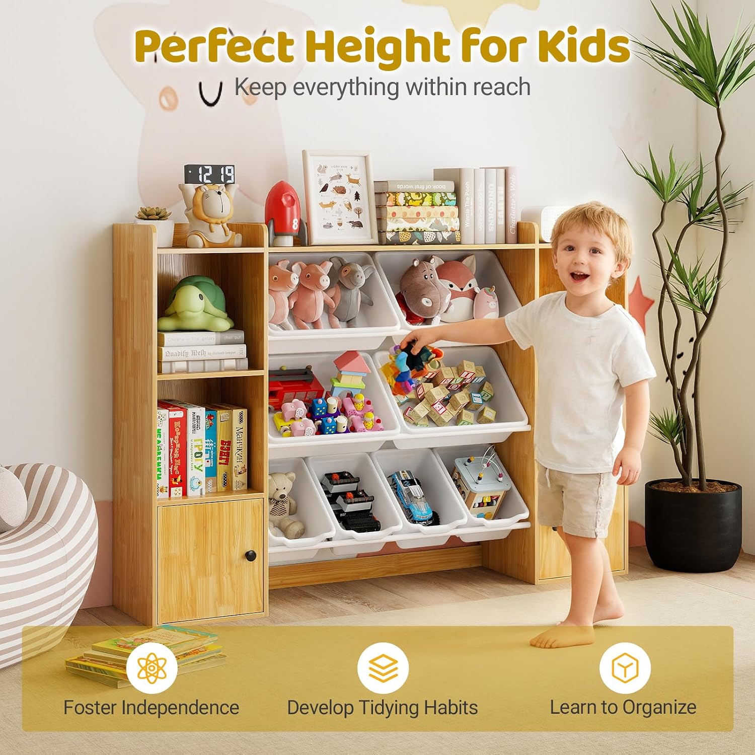 Costzon Kids Toy Storage Organizer w/ 8 Bins, Wooden Toddler Bookcase w/Open Shelves & Cabinet, Multifunctional Toy Storage Cabinet for Kids Room, Nursery & Playroom