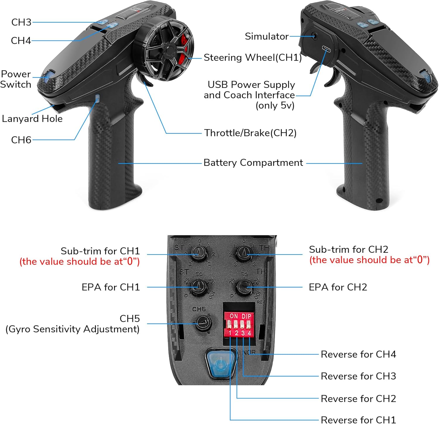 DUMBORC X6PM-350 2.4GHz 6CH Mini RC Radio Transmitter with X6FG Gyro Receiver with Low Voltage Alarm & Fail-Safe Function Mixed Mode for RC Vehicle Car Boat Tank Model Parts Portable Remote Controller
