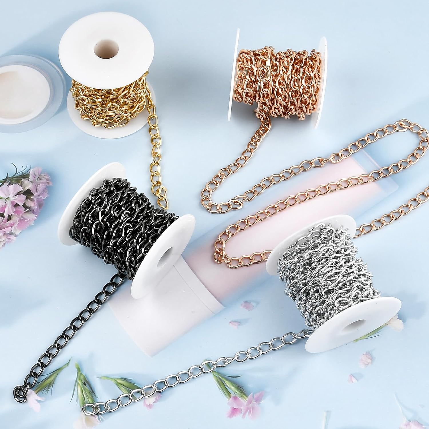 Milkary 4 Rolls 39.37 Feet in Total Aluminium Curb Chains, Twisted Links Curb Chain with Spool, Oval Cross Jewelry Chains for Jewelry Making DIY Bracelet Necklace (Gold, Silver, Rose, Black) - Image 6