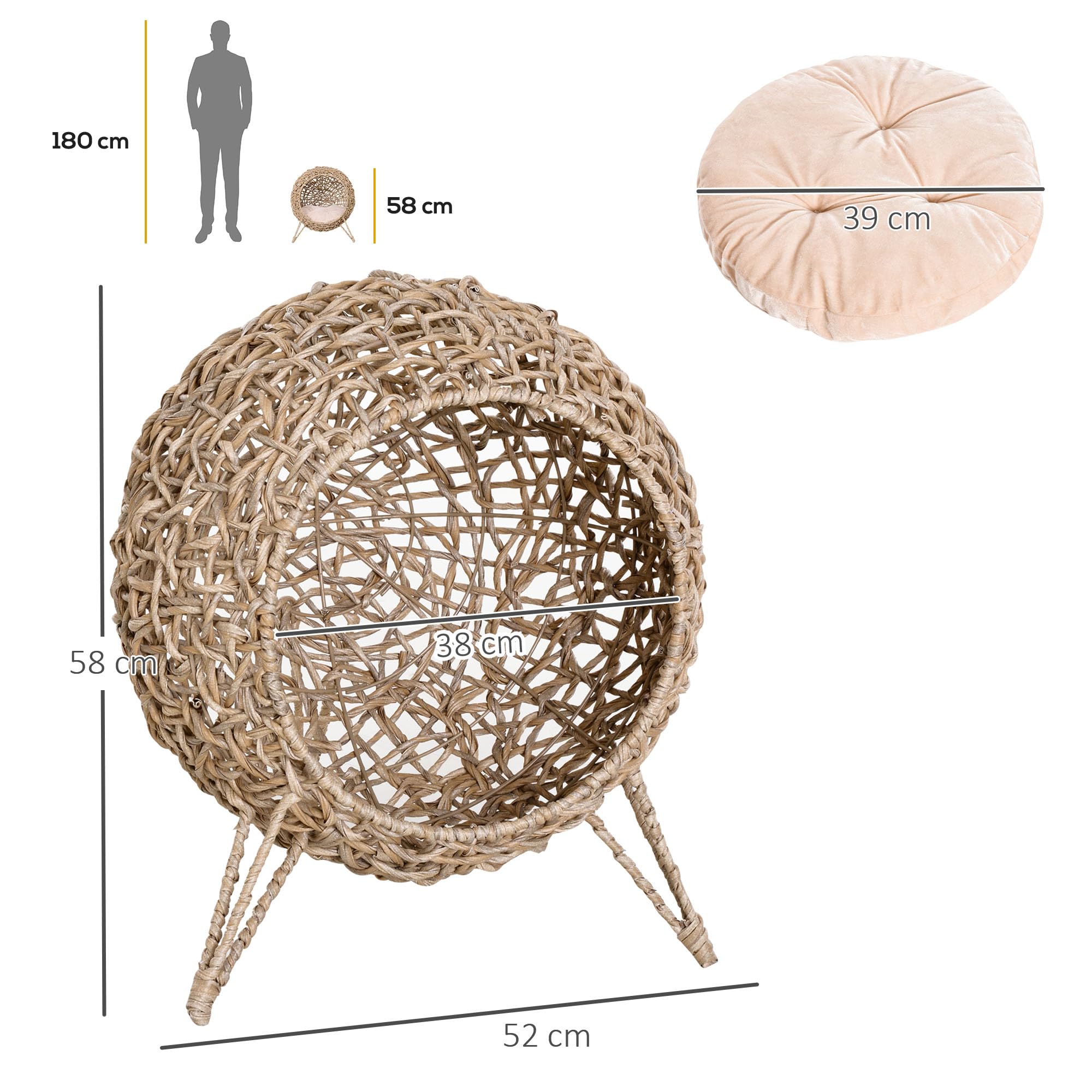 PawHut Cama Cueva de Ratán para Gatos Base Trípode Φ52x58 cm Madera Natural | Mascotas Pequeñas, Cojín de Felpa y Algodón Suave, Diseño Elevado, Estable
