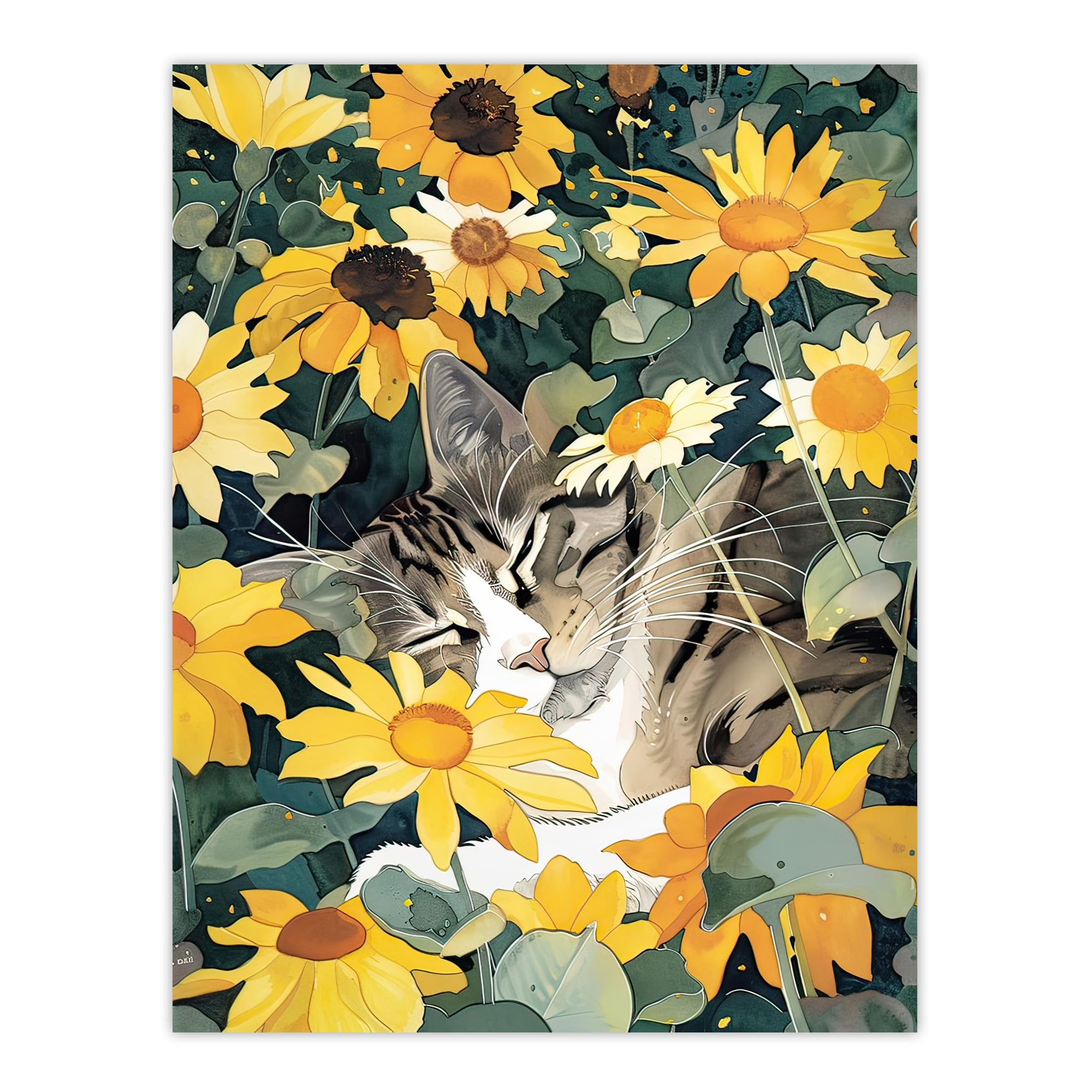 Artery8 Tabby Cat Lover Asleep in Wildflower Garden Living Room Large Wall Art Poster Print Thick Paper 18X24 Inch
