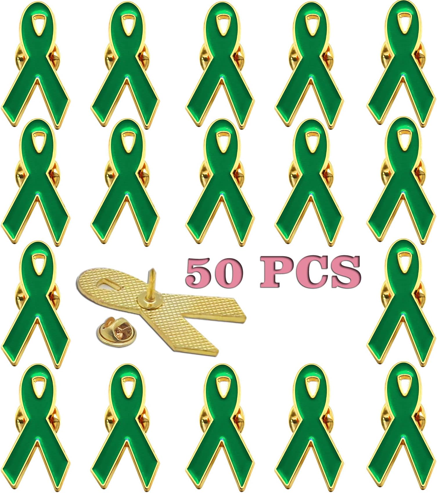rhungift 50 pack Metal Green Mental Health Awareness Ribbon Lapel Pin Hope Brooch Badge Liver Cancer Kidney Disease,Cerebral Palsy Adrenal, Green, 50Pack