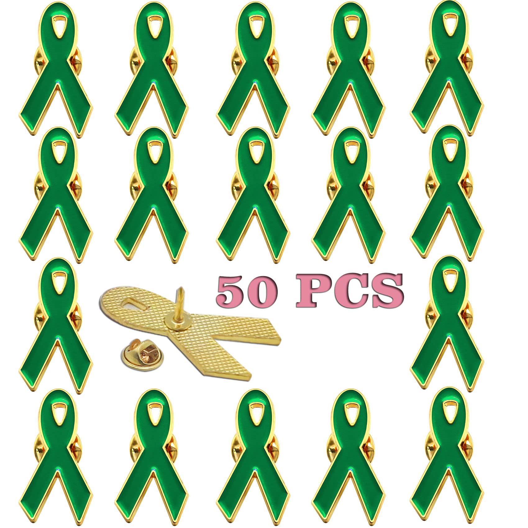 rhungift 50 pack Metal Green Mental Health Awareness Ribbon Lapel Pin Hope Brooch Badge Liver Cancer Kidney Disease,Cerebral Palsy Adrenal, Green, 50Pack