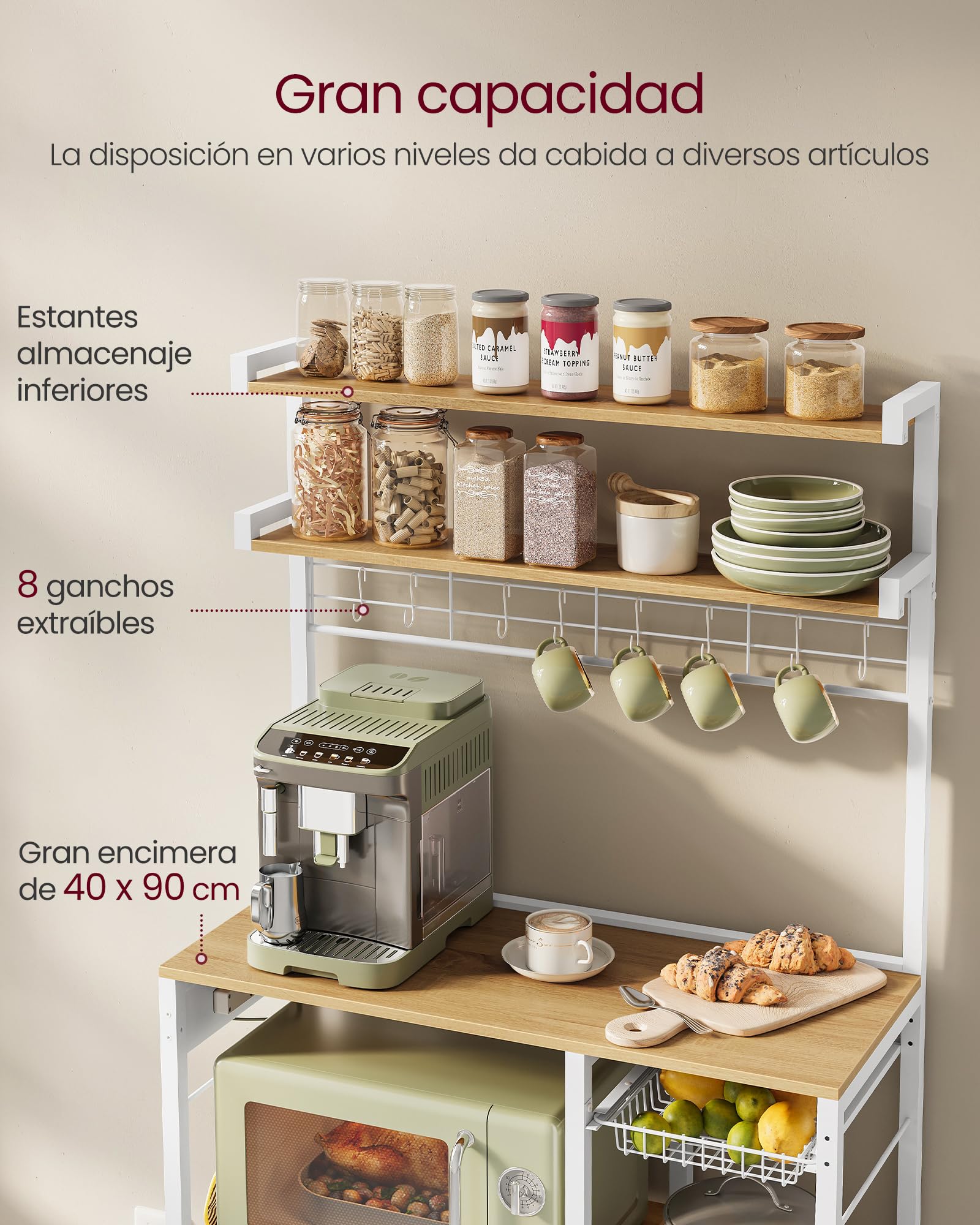 VASAGLE Estantería de Cocina con Enchufes, Estantería de Panadería, Barra de Café, 8 Ganchos en S, Cesta, Especiero, 40 x 90 x 165,5 cm, Roble Dorado y Blanco Nube KKS031Y19