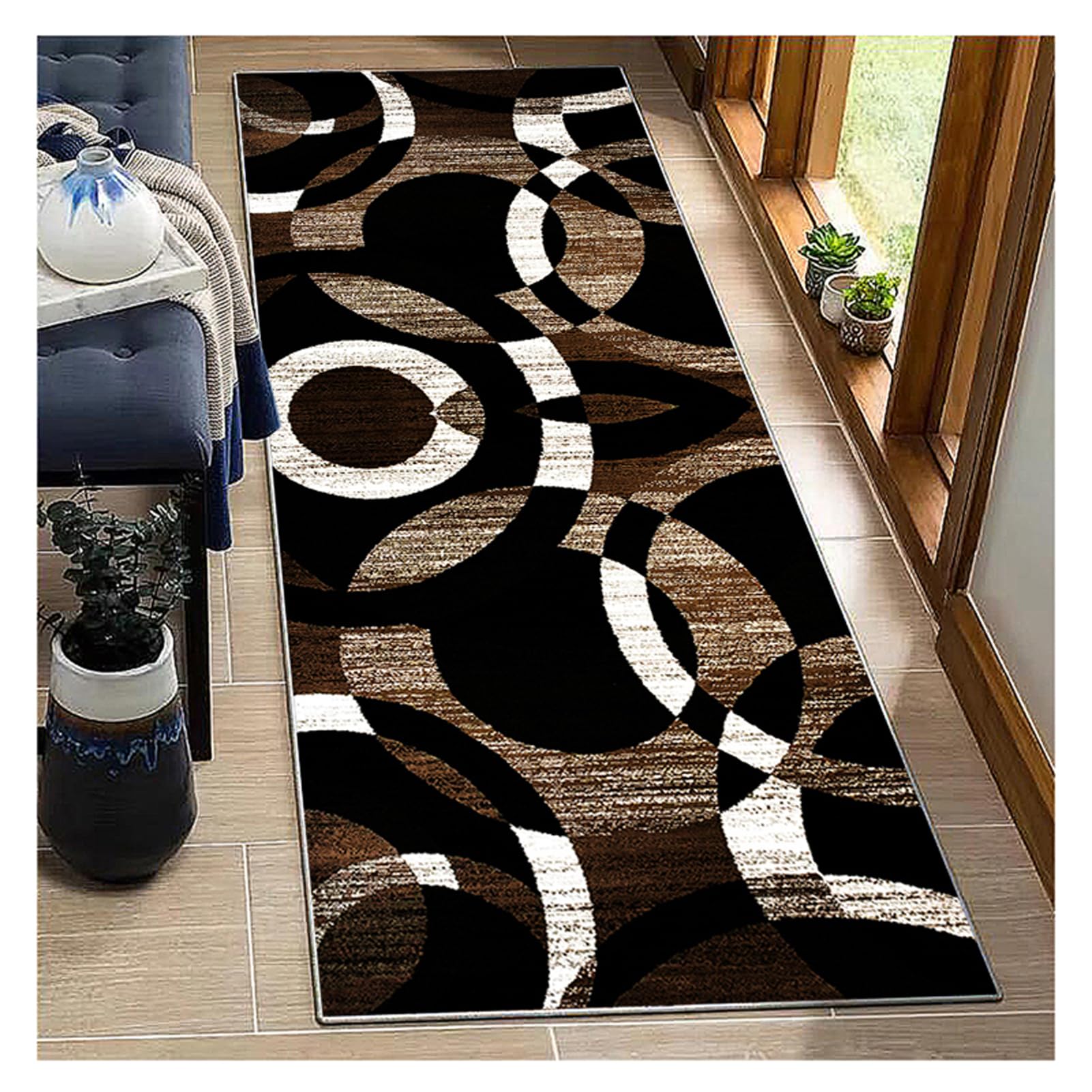BORKOY Extra Long Hallway Runner Rug 70x120cm，Modern Brown Black Geometric Patterns,7mm Thickness Non Slip Carpet Runners for Corridor Kitchen Entryway, 40cm/50cm/60cm/70cm/80cm/100cm/120cm Wide — image 1