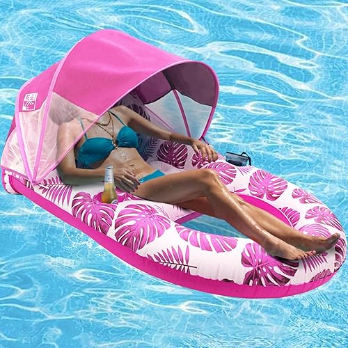Flotador de piscina con toldo UPF50+, flotadores de piscina extra grandes para adultos resistentes, flotador inflable con portavasos y respaldo,