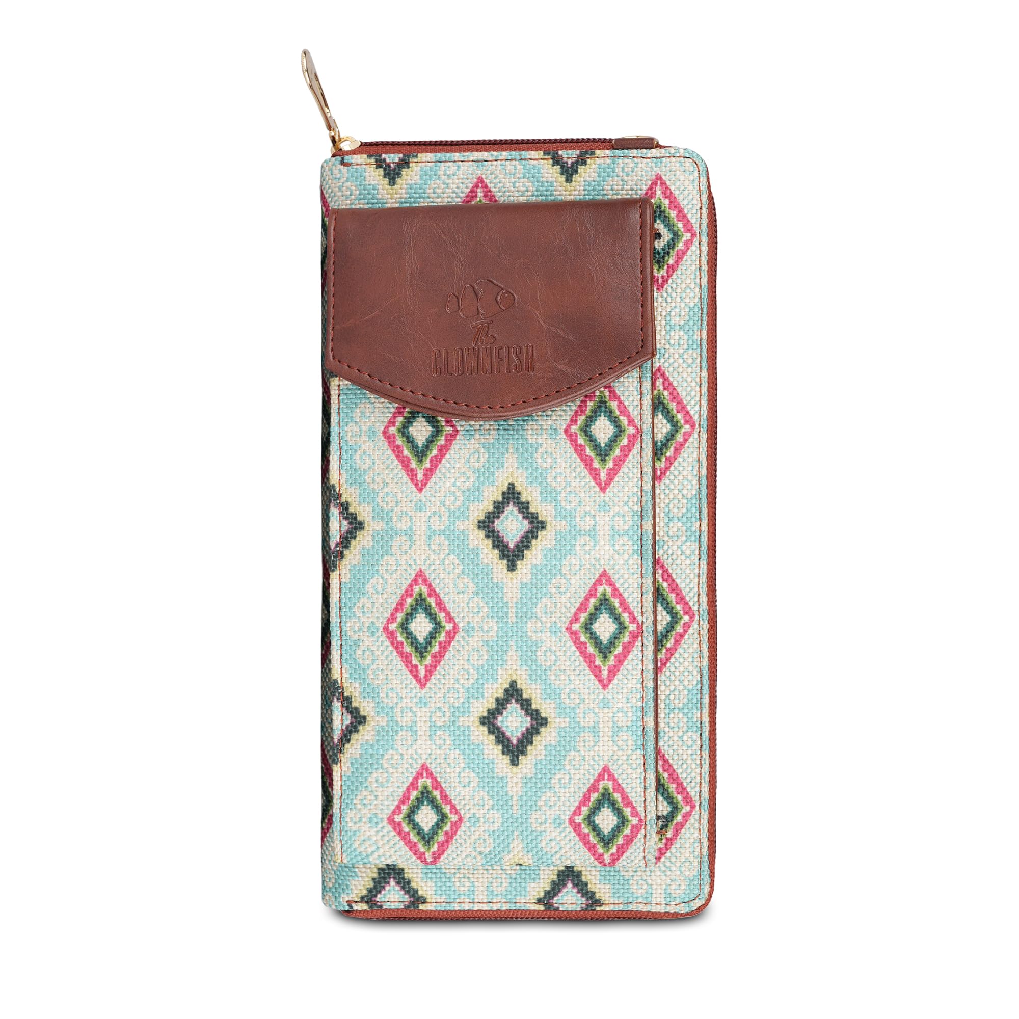 Fashionista Printed Handicraft Fabric & Vegan Leather Ladies Wallet Sling Bag with Front Mobile Pocket (Sky Blue-Diamond Design)