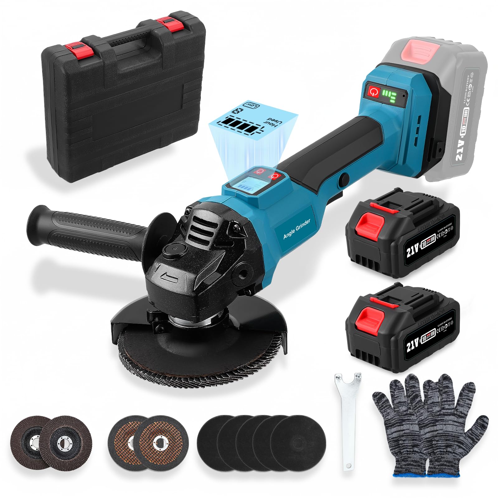 Smerigliatrice angolare senza fili, 800 W, 21 V, senza spazzole, con 2 batterie da 4,0 Ah, diametro del disco 125 mm, 9000 giri/min, per dischi da taglio, dischi lamellari per taglio e levigatura