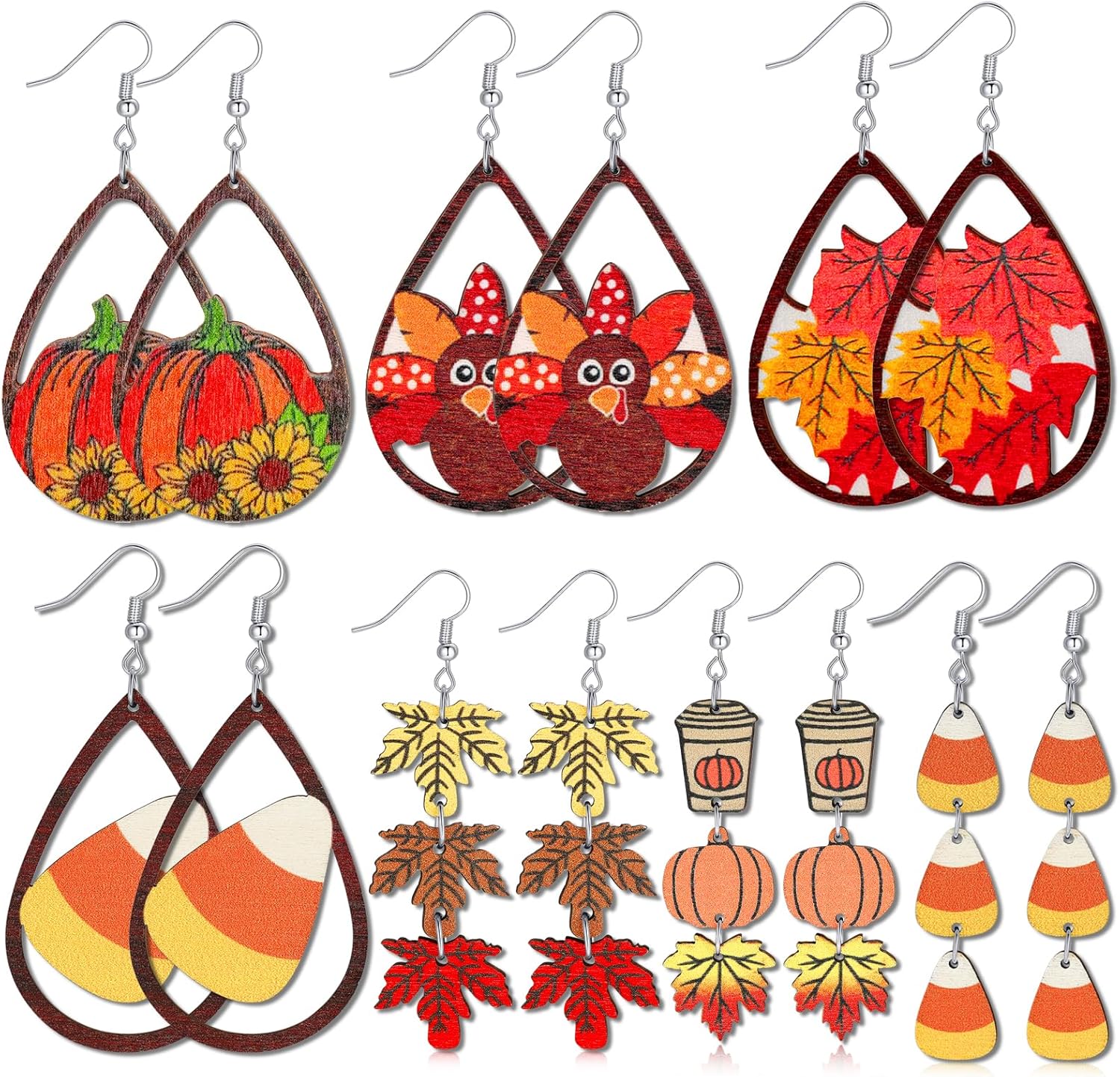 7 Pairs Fall Earrings for Women,Turkey Earrings Pumpkin Earrings Candy Corn Earrings Dangle Leaf Earrings Wooden Holiday Autumn Thanksgiving Earrings for Women